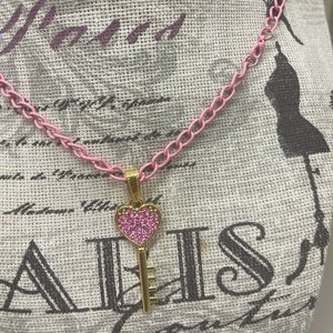 Pink color link necklace with pink rhinestone key pendant